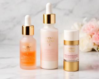 Bridal glow skincare set with gold-accented bottles on marble