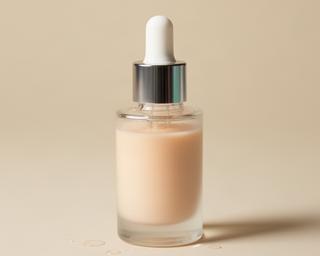 Hydrating serum in glass bottle with dropper on neutral background
