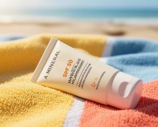 Mineral SPF 50 sunscreen tube on beach towel
