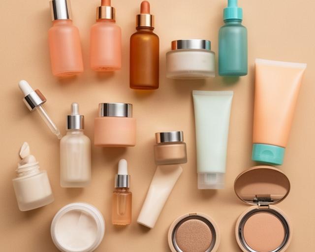Flatlay of skincare bottles and makeup compacts on a warm-toned surface at The Azure Albatross Complexion Springfield store